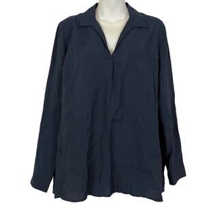 J Jill Womens Navy Blue V-Neck Collared Roll Tab Long Sleeve Tunic Top sz M